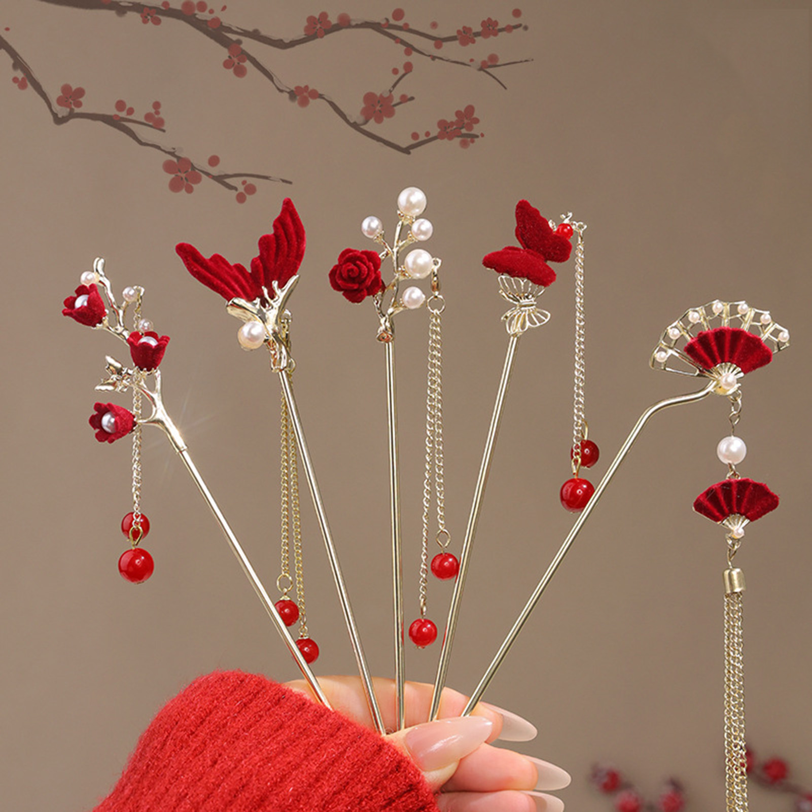 Women'S Red Accessories - Çin tarzı gül çiçek saç tokası