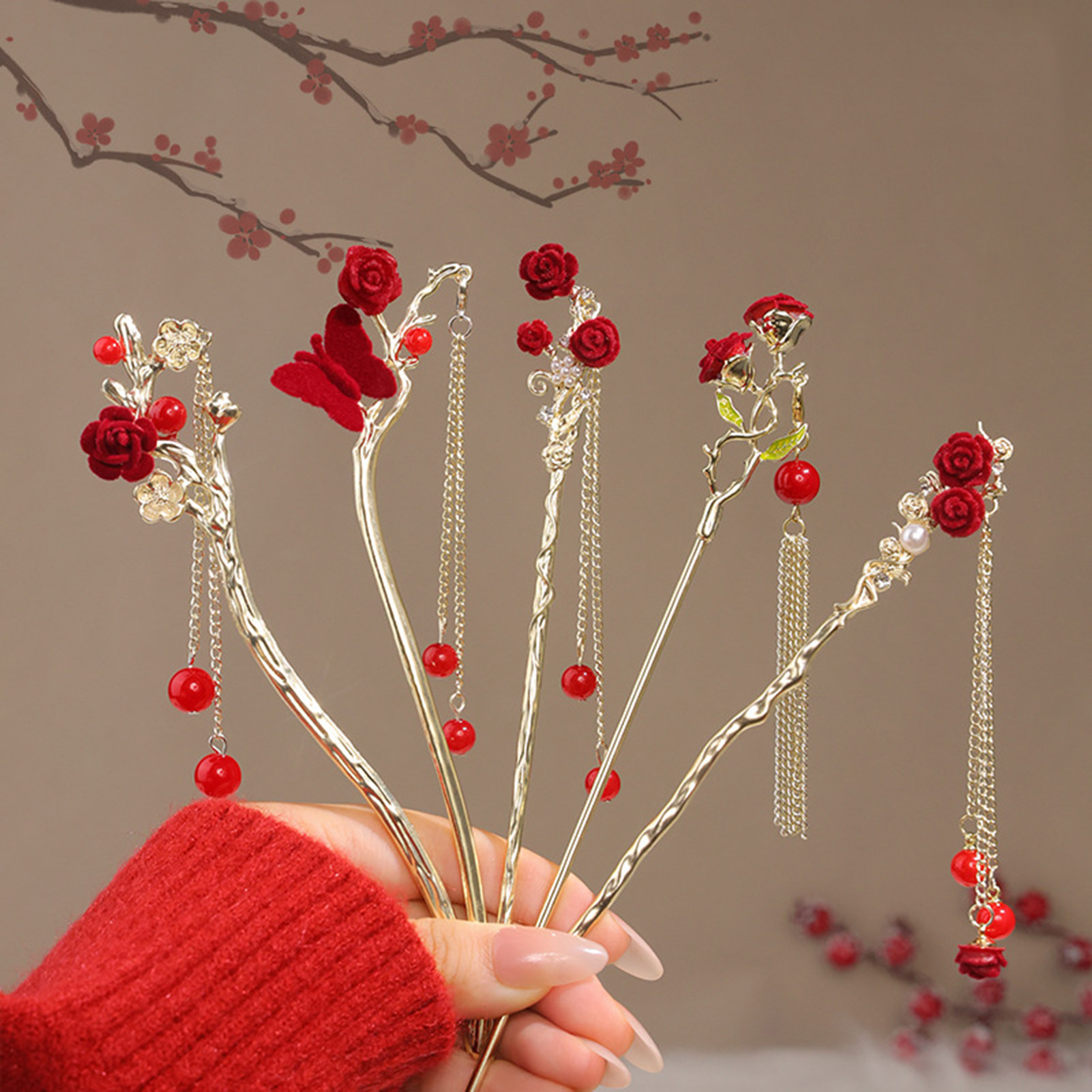 Çin tarzı gül çiçek saç tokası - Women'S Red Accessories incelemesi ve fiyatı